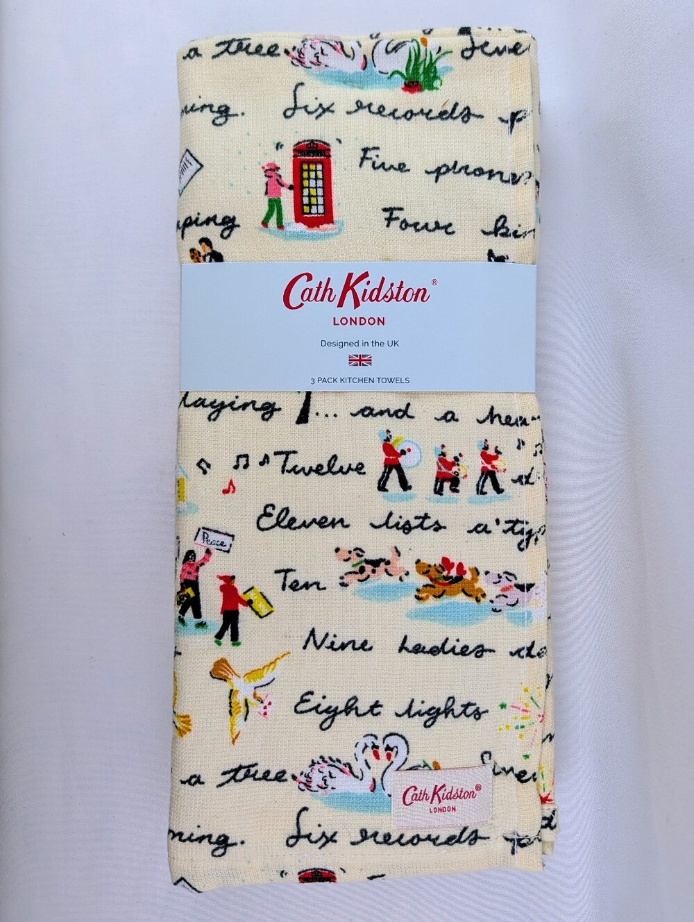 12 Days Of Christmas Kitchen Towels Set Of 3 Multicolor Cream 100% Cotton NWT